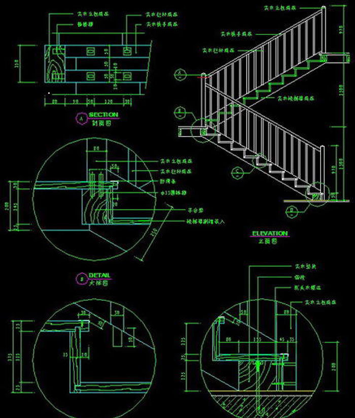 Stairs and railings cad construction drawing